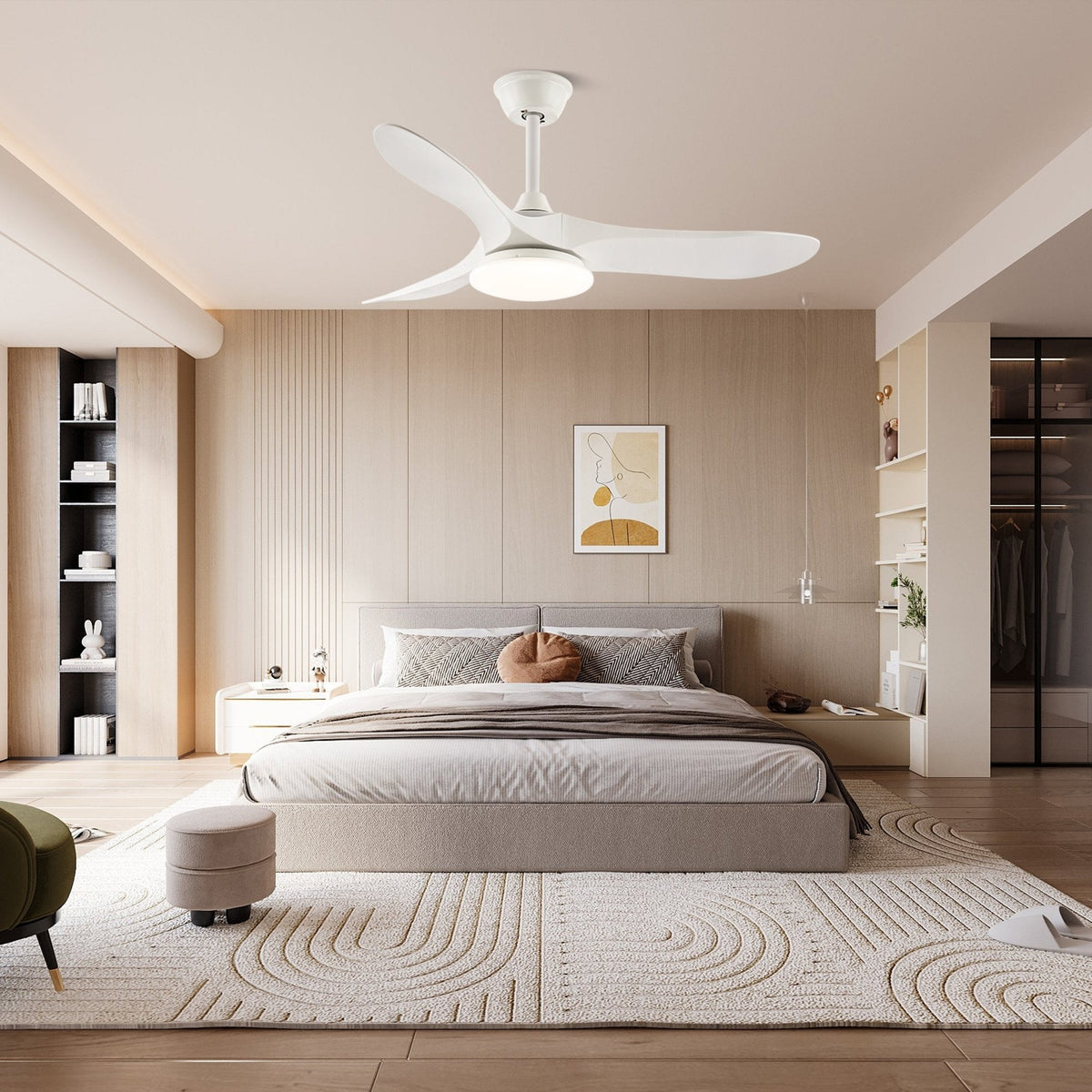 Ventilateur de plafond avec éclairage en bois, 106cm 132cm, 6 vitesses, lampe LED à intensité variable, télécommande, chambre | Sansoti