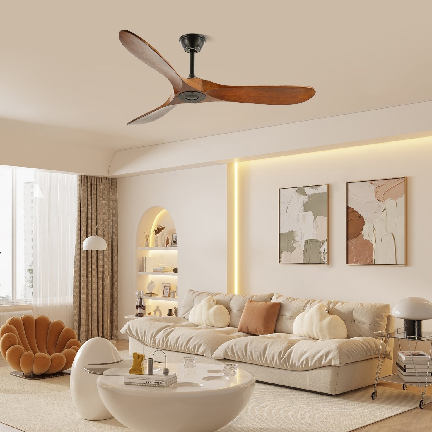 Plafondventilator met Houten Bladen en Stille DC Motor 106-132cm 6 Snelheden Afstandsbediening Klimaatbeheersing voor Woonkamer Slaapkamer Ventilatie | Sansoti