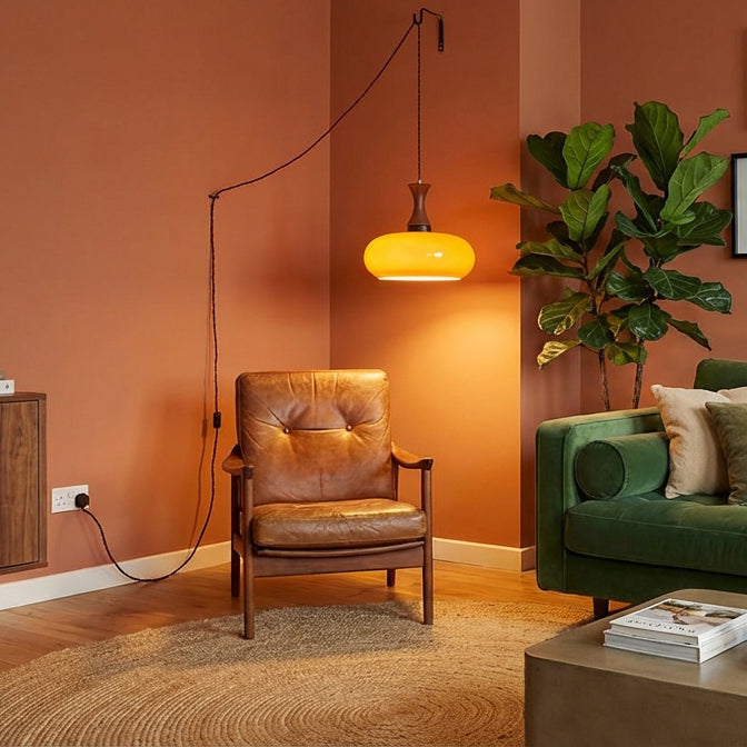 Amber glazen hanglamp – warme sfeerverlichting voor woonkamer en eetkamer | Sansoti
