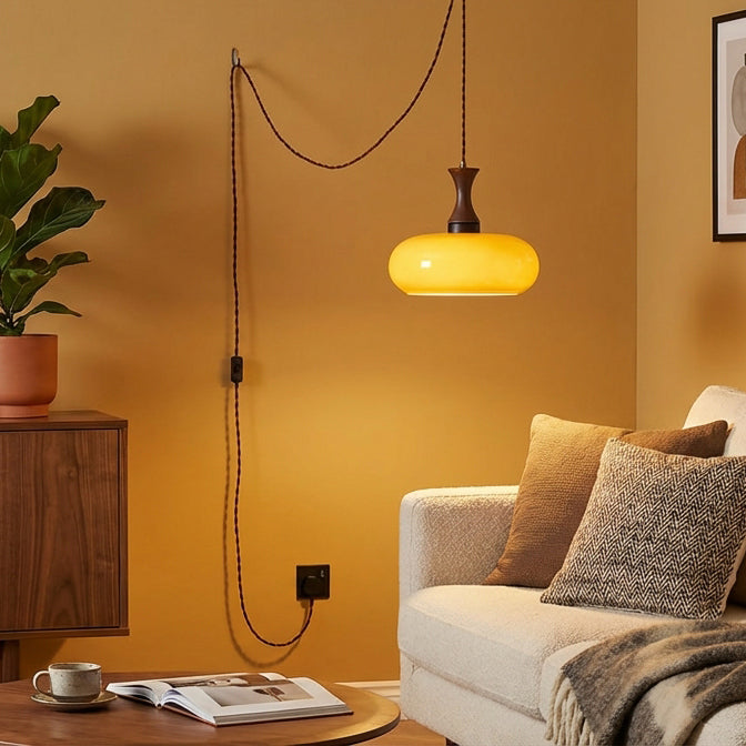 Amber glazen hanglamp – warme sfeerverlichting voor woonkamer en eetkamer | Sansoti