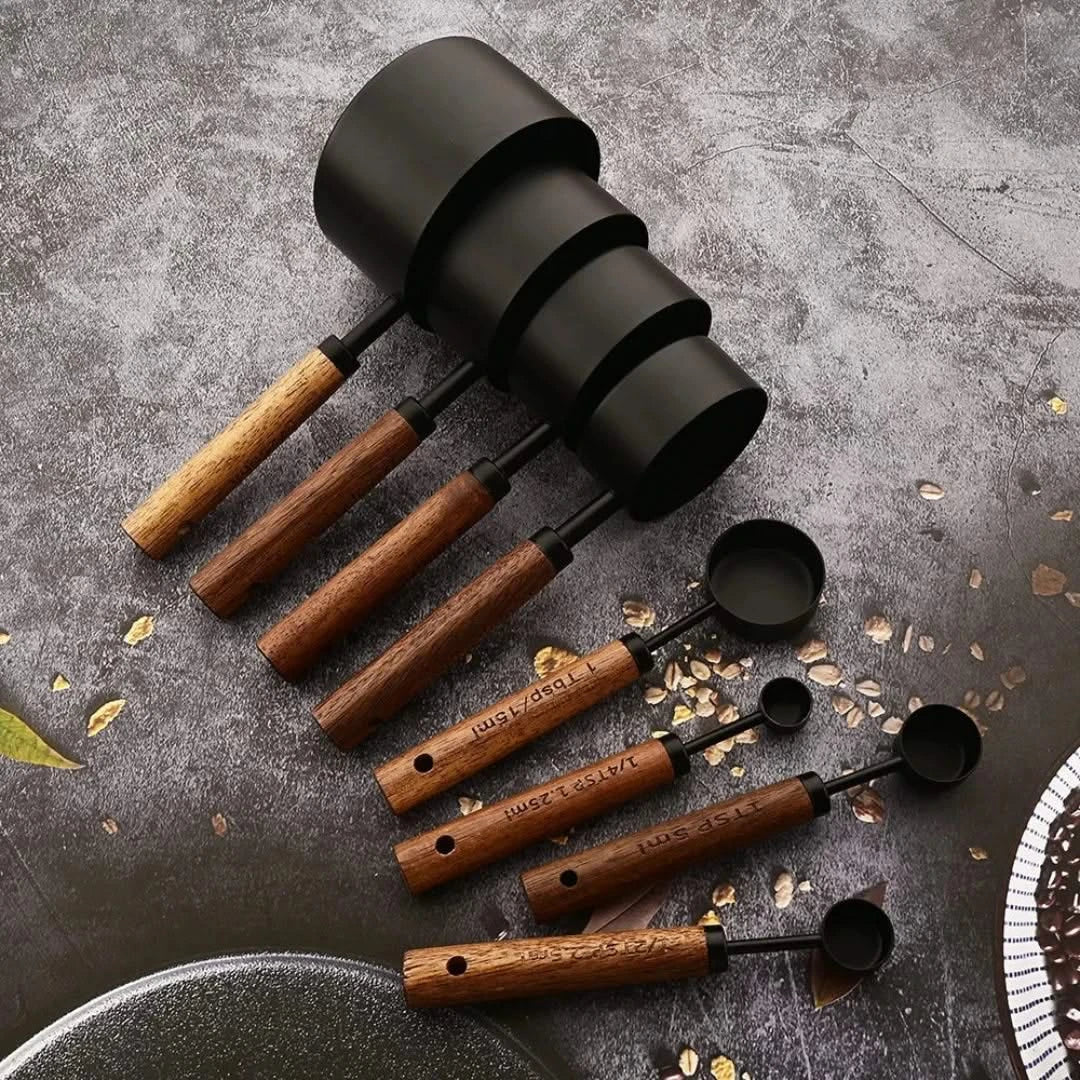 Messlöffel mit Holzgriff, 5-teiliges Set, Küchenlöffel aus Edelstahl zum Backen, Kochen und Abmessen, Premium | Sansoti
