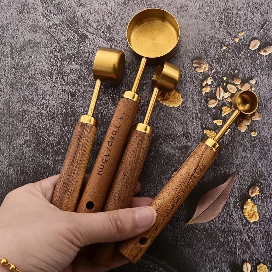 Messlöffel mit Holzgriff, 5-teiliges Set, Küchenlöffel aus Edelstahl zum Backen, Kochen und Abmessen, Premium | Sansoti