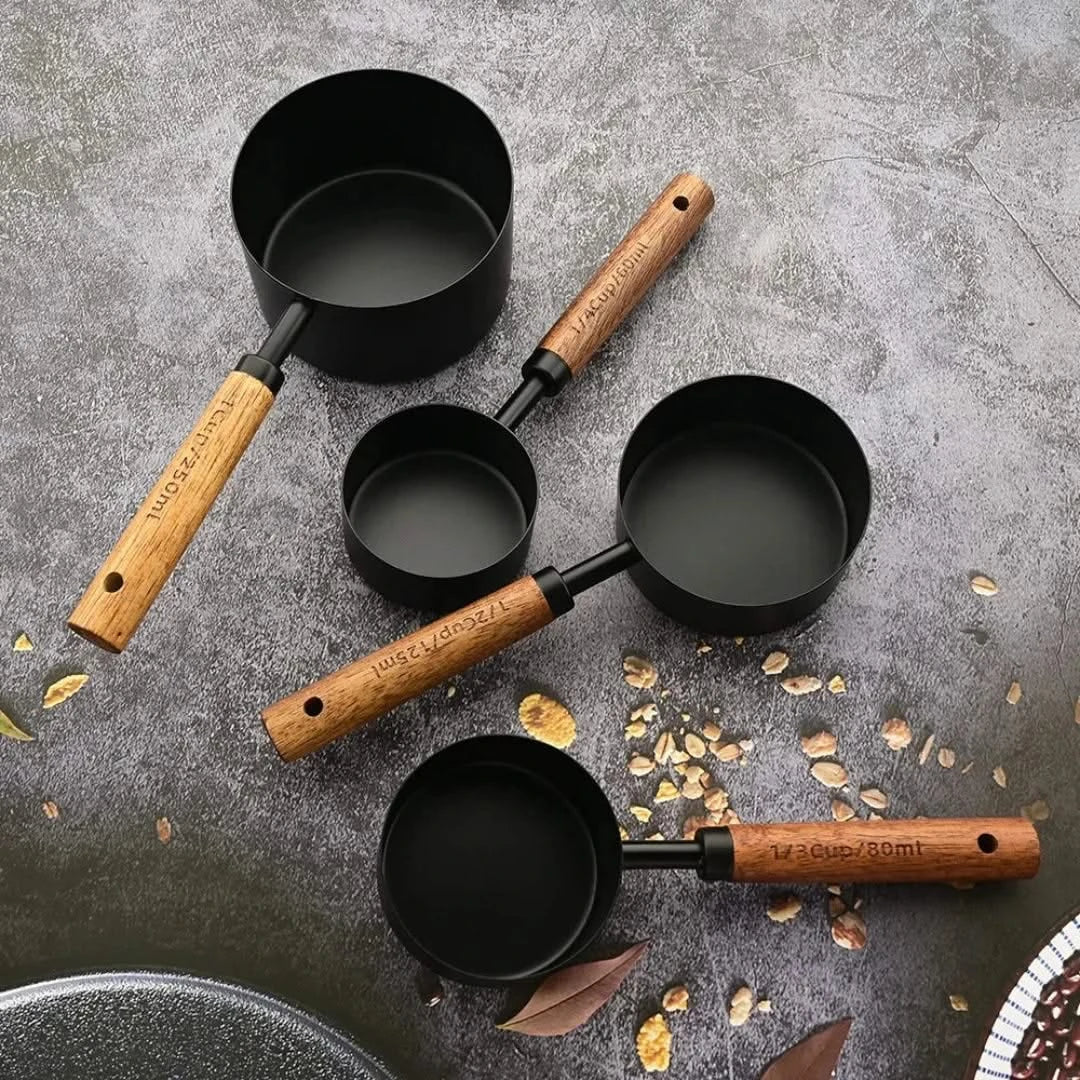 Messlöffel mit Holzgriff, 5-teiliges Set, Küchenlöffel aus Edelstahl zum Backen, Kochen und Abmessen, Premium | Sansoti