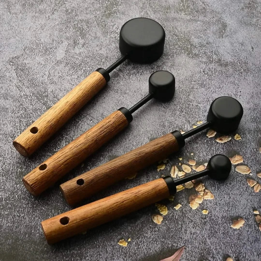 Messlöffel mit Holzgriff, 5-teiliges Set, Küchenlöffel aus Edelstahl zum Backen, Kochen und Abmessen, Premium | Sansoti