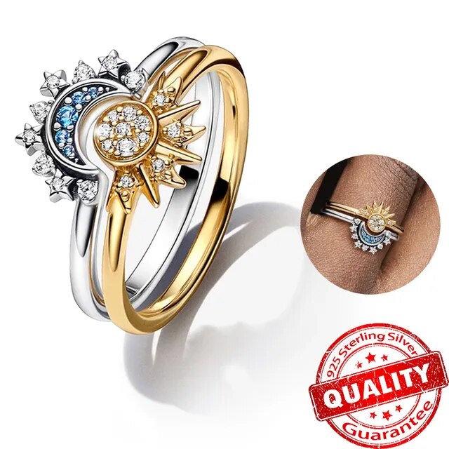 Zon en Maan Ring Set 925 Sterling Zilver met Kristal Verstelbare Ringen Goud en Zilver | Sansoti