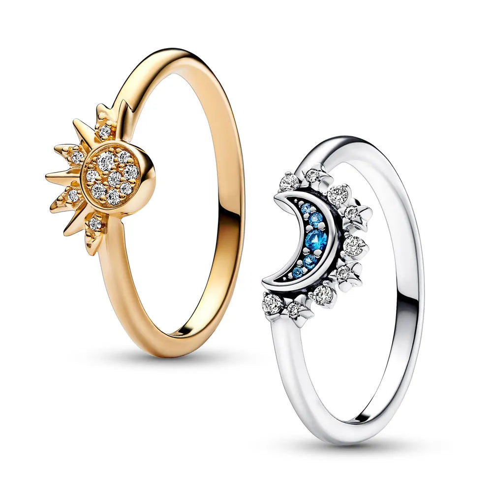 Zon en Maan Ring Set 925 Sterling Zilver met Kristal Verstelbare Ringen Goud en Zilver | Sansoti