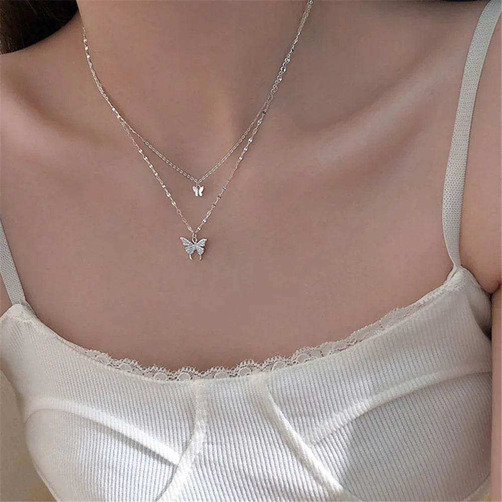 Gelaagde Sieraden Set Zilver met Vlinder Hanger Kristal voor Dagelijks Dragen | Sansoti