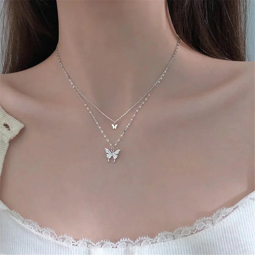 Gelaagde Sieraden Set Zilver met Vlinder Hanger Kristal voor Dagelijks Dragen | Sansoti