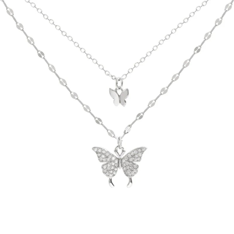 Gelaagde Sieraden Set Zilver met Vlinder Hanger Kristal voor Dagelijks Dragen | Sansoti