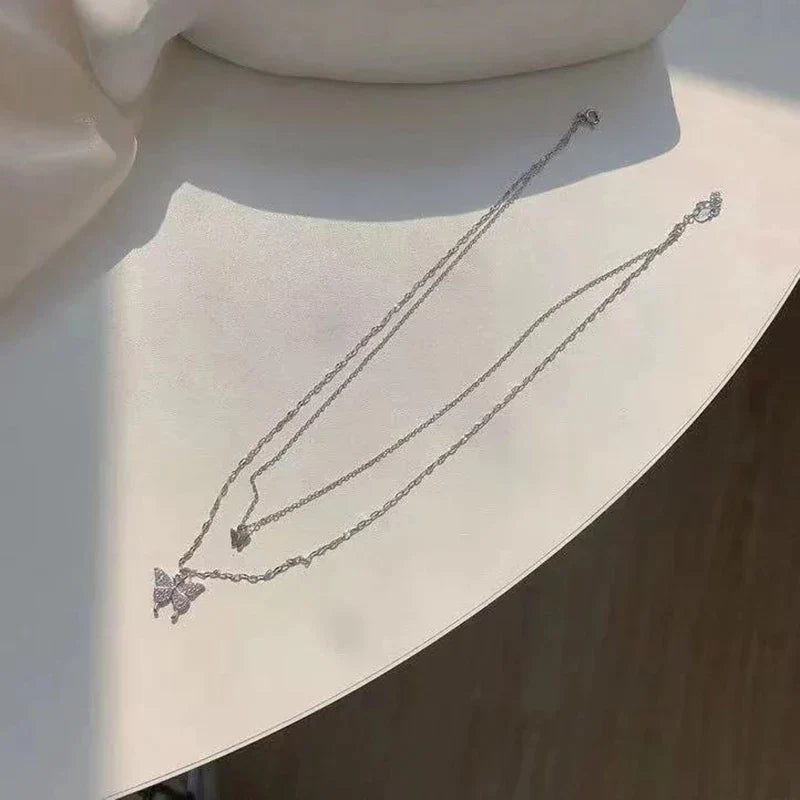 Gelaagde Sieraden Set Zilver met Vlinder Hanger Kristal voor Dagelijks Dragen | Sansoti