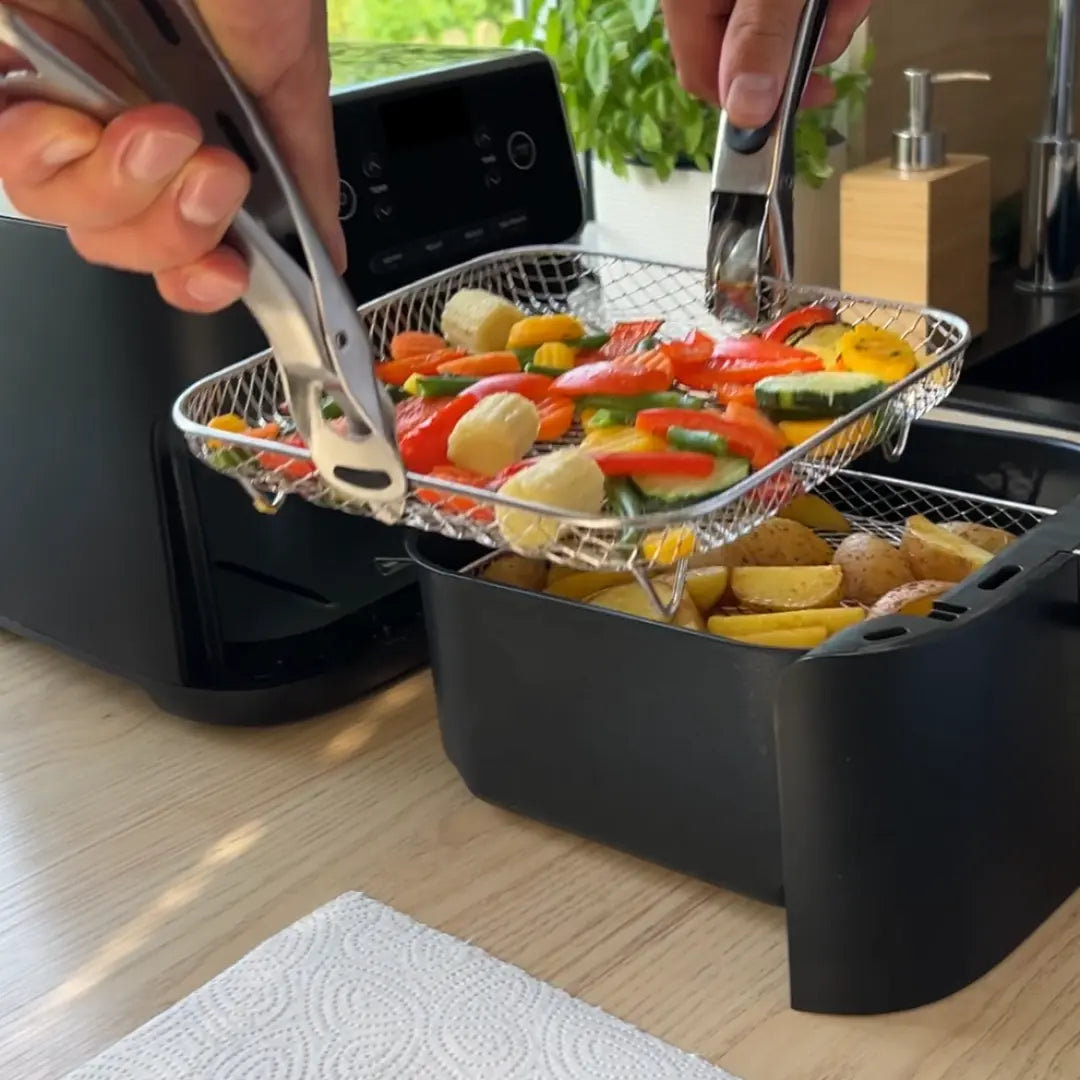 Stapelbare Mandjes voor Heteluchtfriteuses – RVS 304 – Inclusief 2 Hittebestendige Tangen – Rond, Rechthoekig of Vierkant | Sansoti