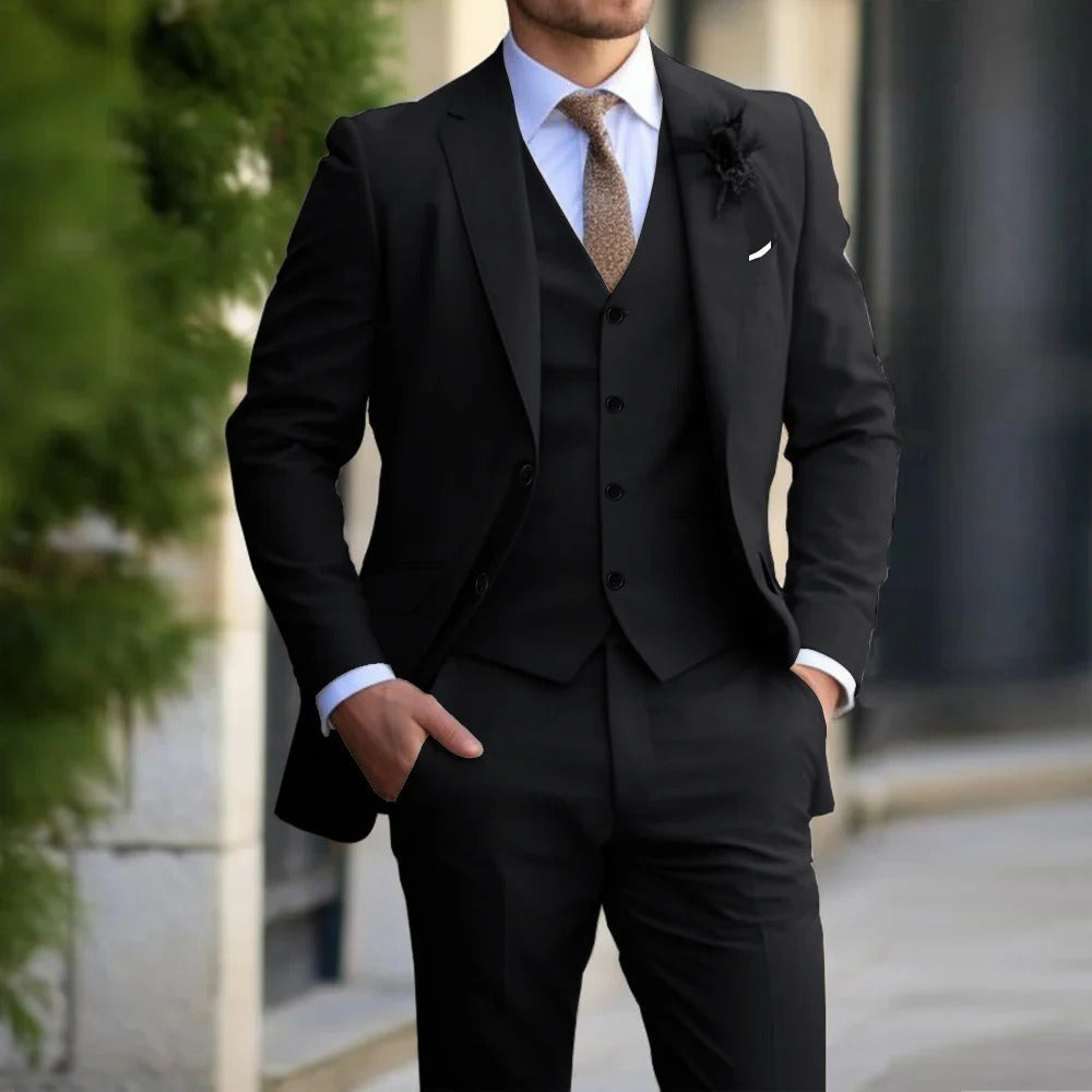 Costume trois pièces pour homme, coupe slim, avec veste, gilet et pantalon, pour affaires, smoking ou mariage, noir, beige, gris | Sansoti