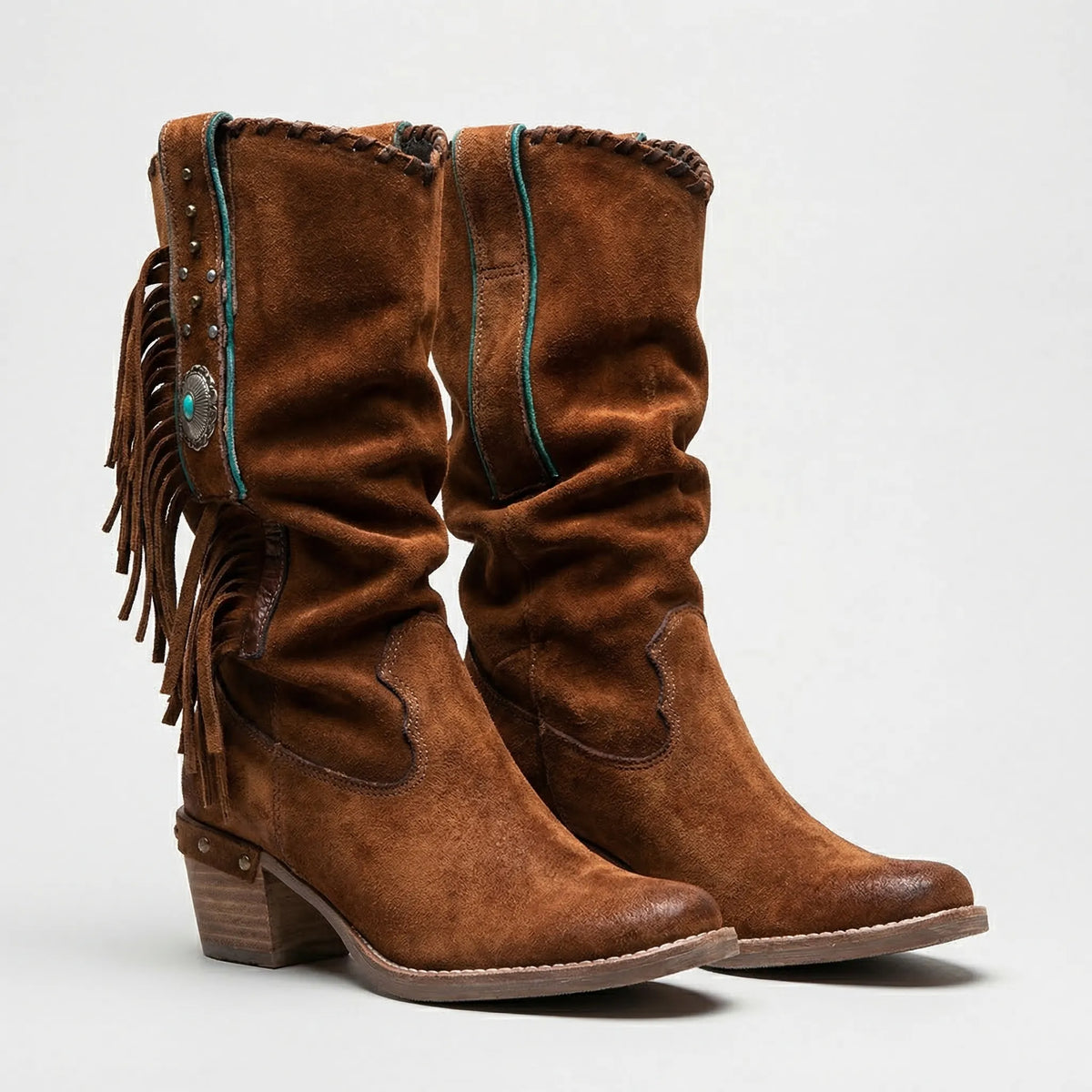 Leren Western Laarzen met Franjes en Turquoise Steen Tot Onder de Knie voor Boho Casual Festivallooks | Sansoti