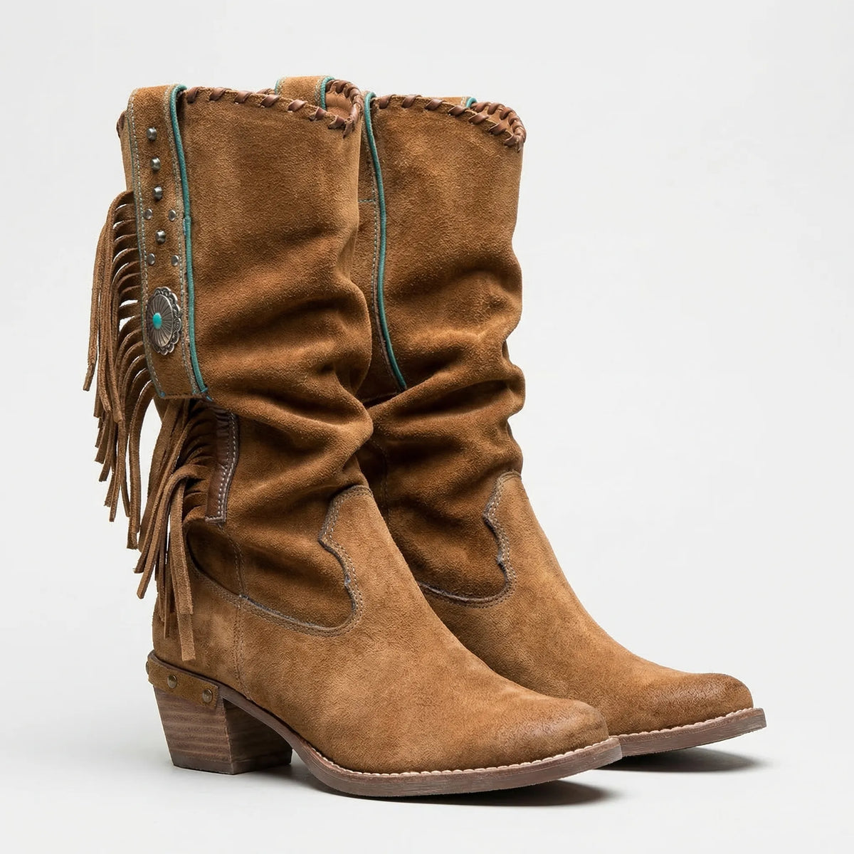 Leren Western Laarzen met Franjes en Turquoise Steen Tot Onder de Knie voor Boho Casual Festivallooks | Sansoti