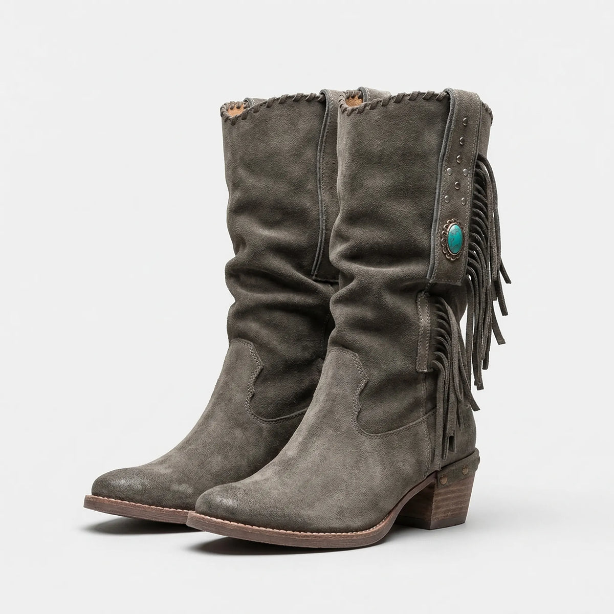 Leren Western Laarzen met Franjes en Turquoise Steen Tot Onder de Knie voor Boho Casual Festivallooks | Sansoti