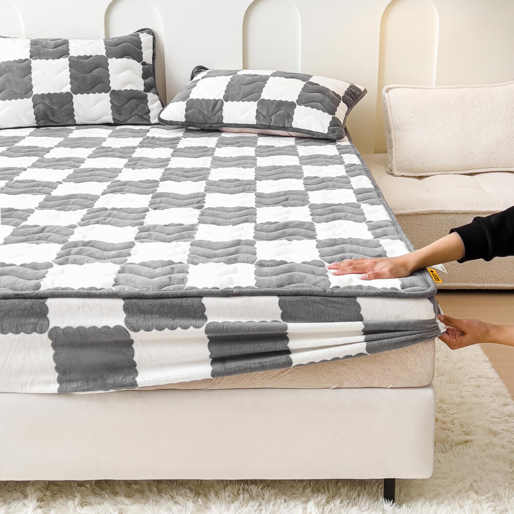 Fluwelen Hoeslaken Geruit Patroon 90-220 cm Matrasafdekking met Elastische Rand Premium Zachte Bedtextiel | Sansoti