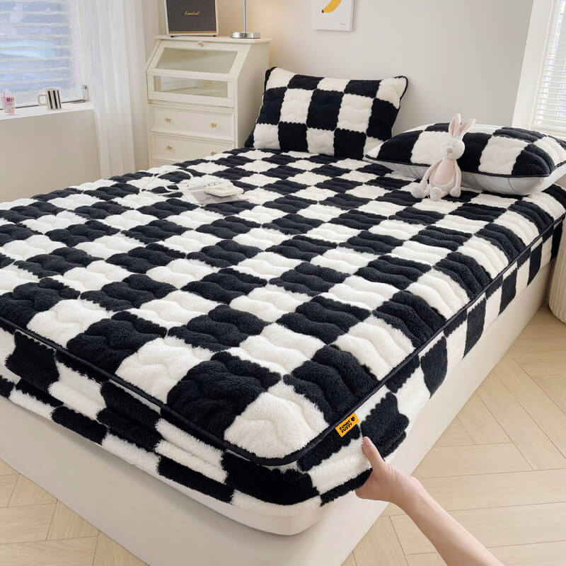 Fluwelen Hoeslaken Geruit Patroon 90-220 cm Matrasafdekking met Elastische Rand Premium Zachte Bedtextiel | Sansoti