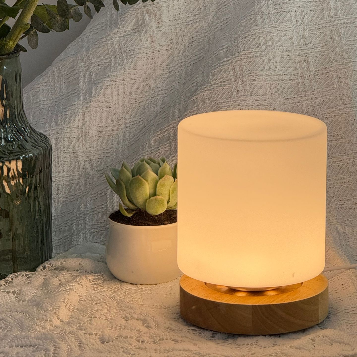 Glazen Tafellamp met Rubberen Houtvoet 360° Verlichting Sfeervol Nachtlampje Modern Design Accent | Sansoti