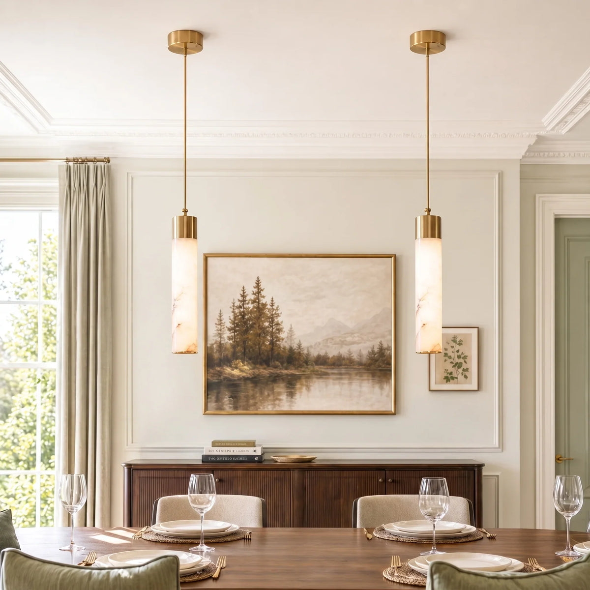 Hanglamp Natuursteen Messing Tube LED 12W Dimbaar Modern Design Woonkamer Keuken Eetkamer Eettafel Sfeerverlichting | Sansoti