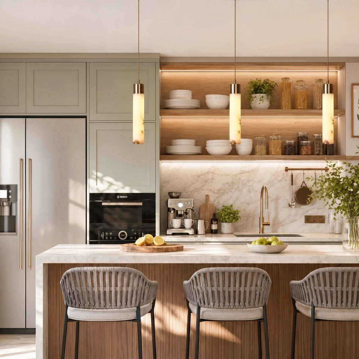 Hanglamp Natuursteen Messing Tube LED 12W Dimbaar Modern Design Woonkamer Keuken Eetkamer Eettafel Sfeerverlichting | Sansoti
