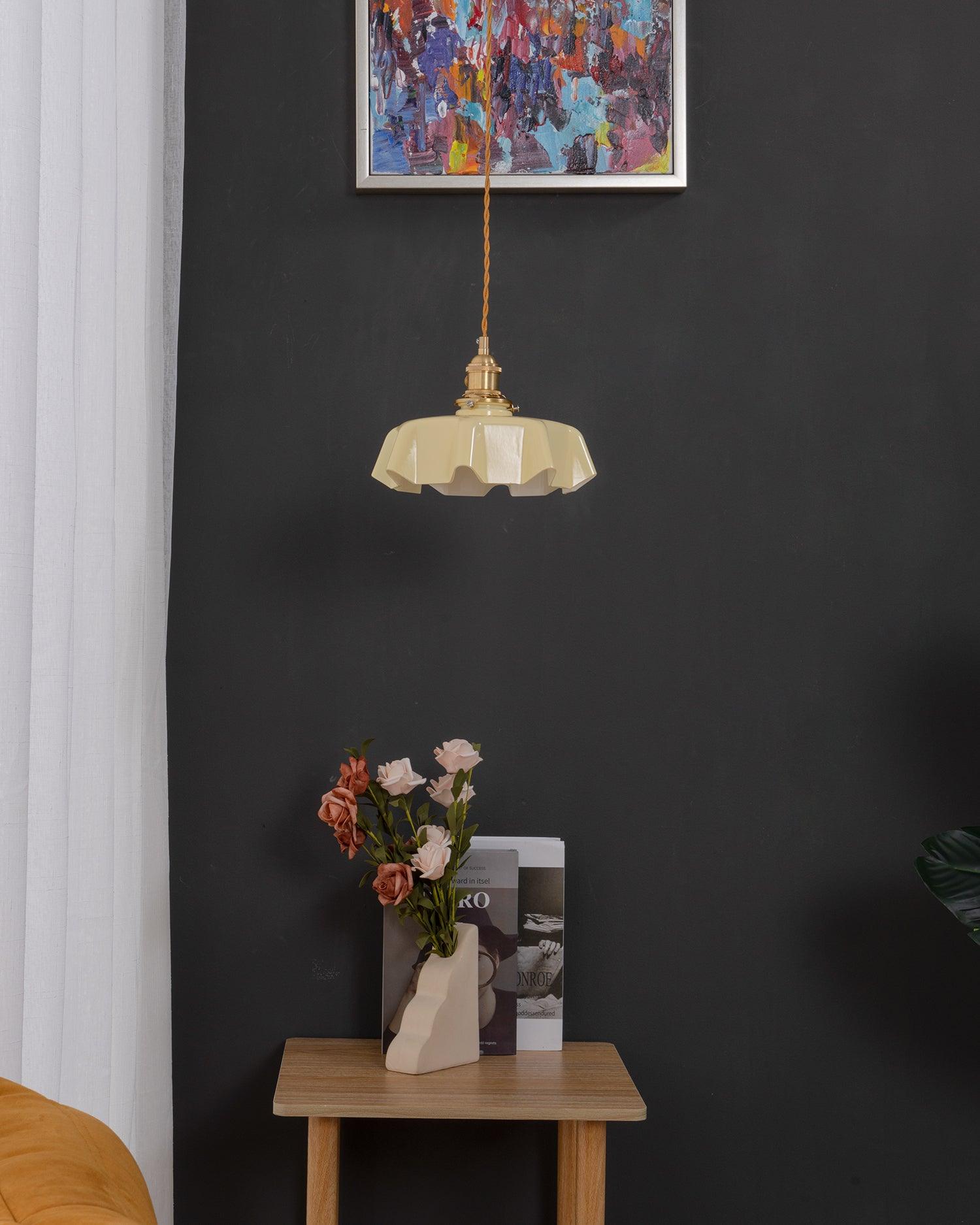 Geplooide Glazen Hanglamp met Messing Armatuur — Vintage Franse Stijl in Wit, Beige, Roze of Blauw — Verstelbare Kabel 150 cm | Sansoti