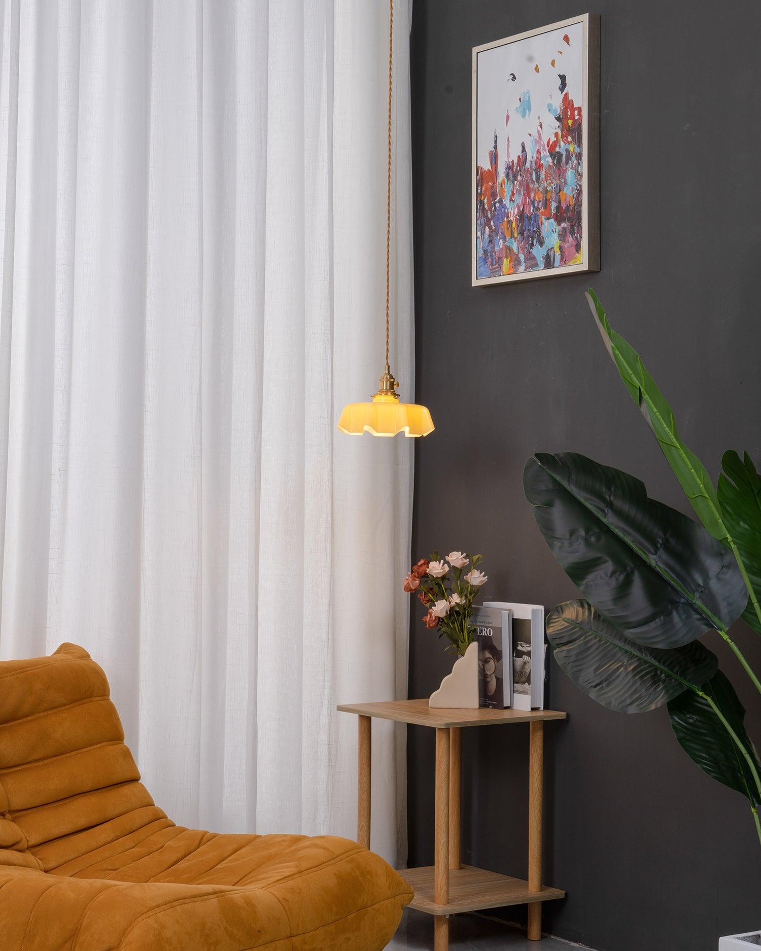 Geplooide Glazen Hanglamp met Messing Armatuur — Vintage Franse Stijl in Wit, Beige, Roze of Blauw — Verstelbare Kabel 150 cm | Sansoti