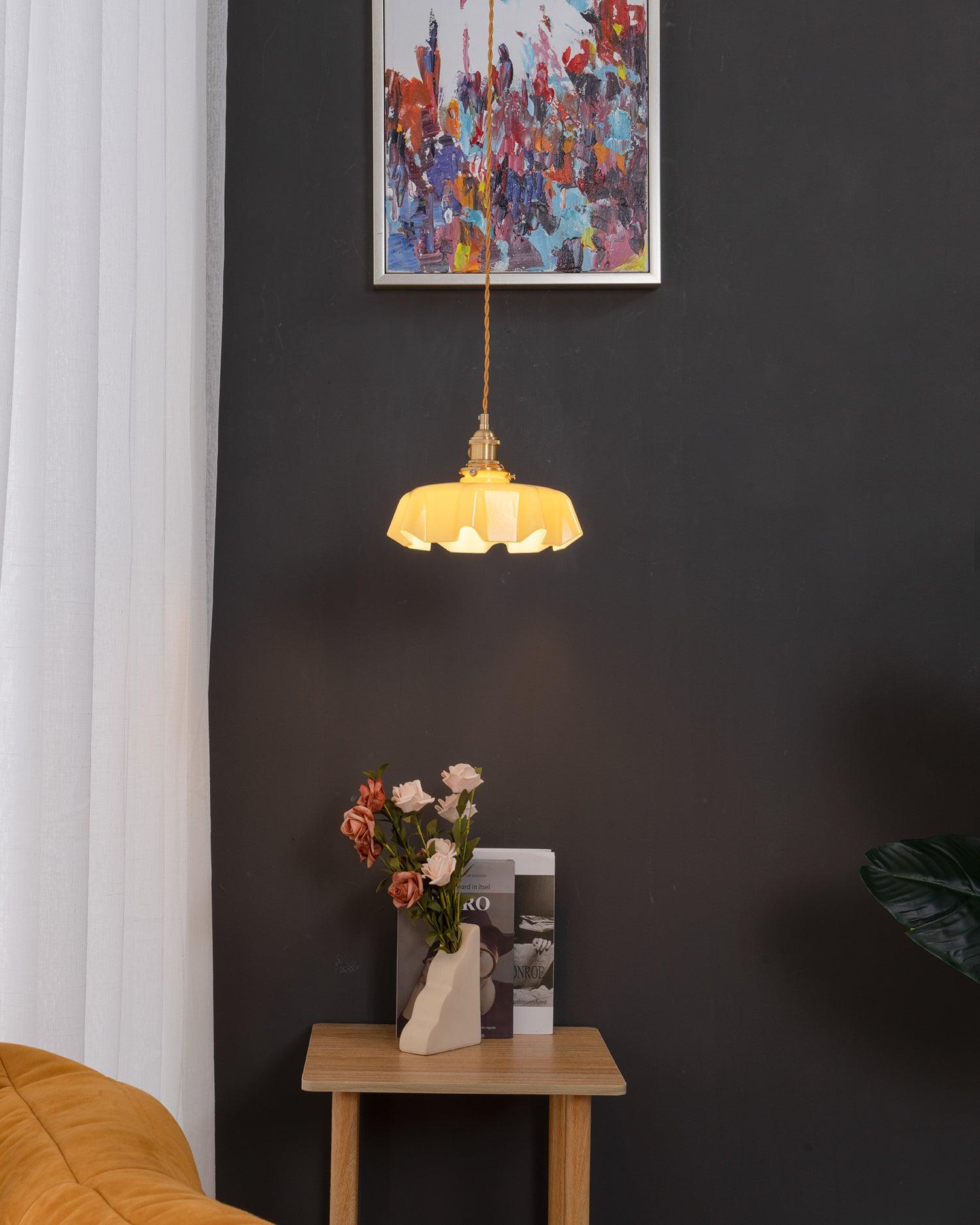Geplooide Glazen Hanglamp met Messing Armatuur — Vintage Franse Stijl in Wit, Beige, Roze of Blauw — Verstelbare Kabel 150 cm | Sansoti