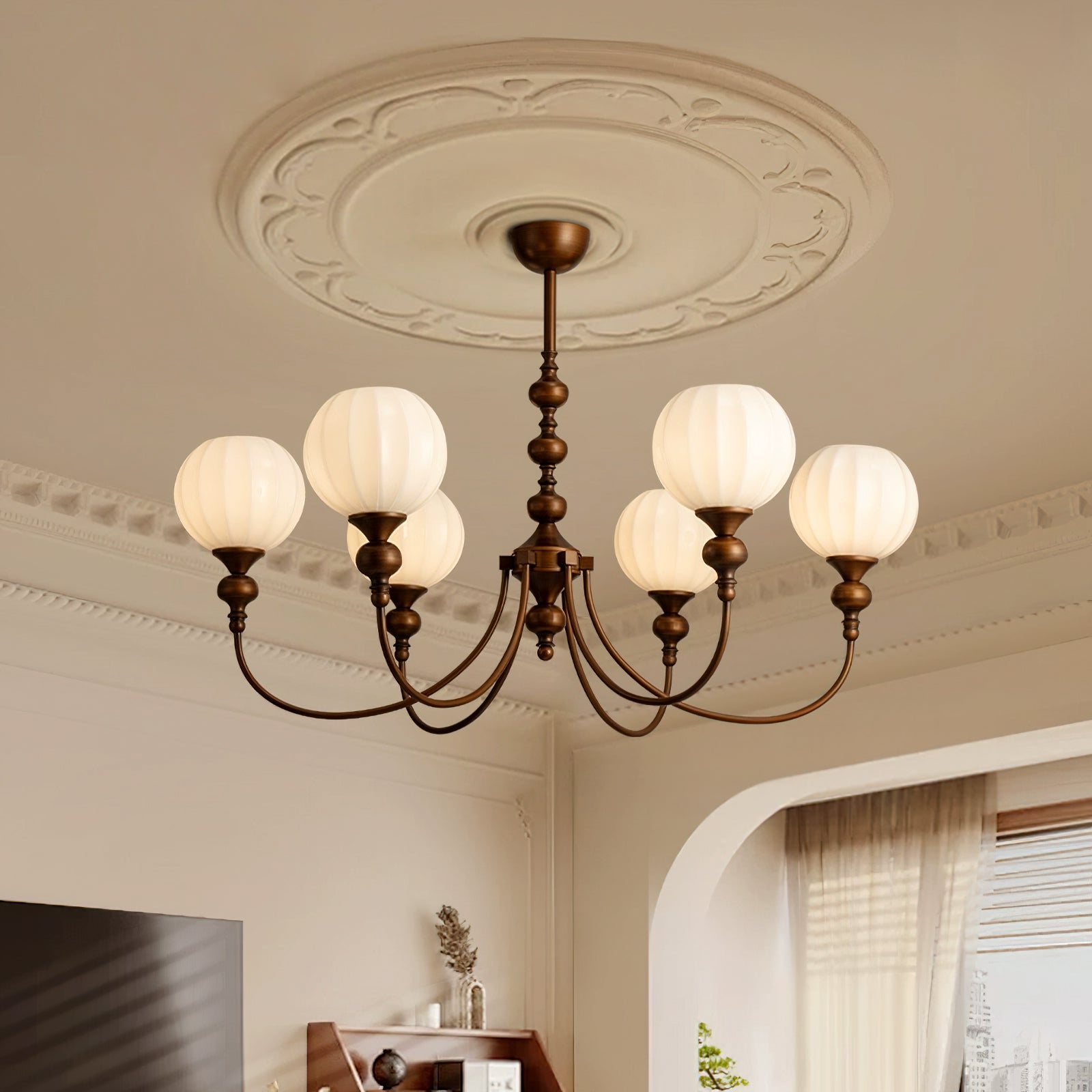 Mirena Kroonluchter – Antiek Brons met Geribbeld Glas – Vintage Modern voor Eetkamer Woonkamer Entree | Sansoti