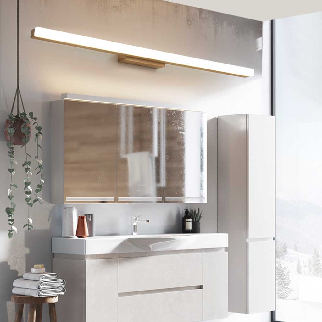Holz-Wandleuchte für den Badezimmerspiegel, LED, Schalter, 3 Lichtfarben, 40 cm, 60 cm, 80 cm, Gummibaumholz, skandinavisch | Sansoti