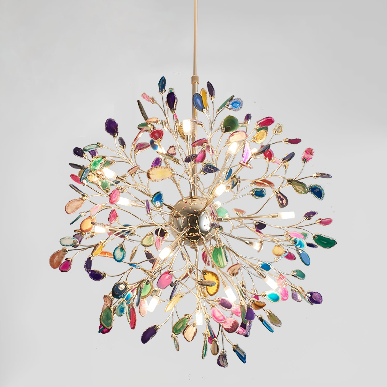 Agaat Kroonluchter met Braziliaanse Edelsteenschijven Roségoud Frame Luxe Hangverlichting voor Eetkamer Woonkamer Slaapkamer | Sansoti