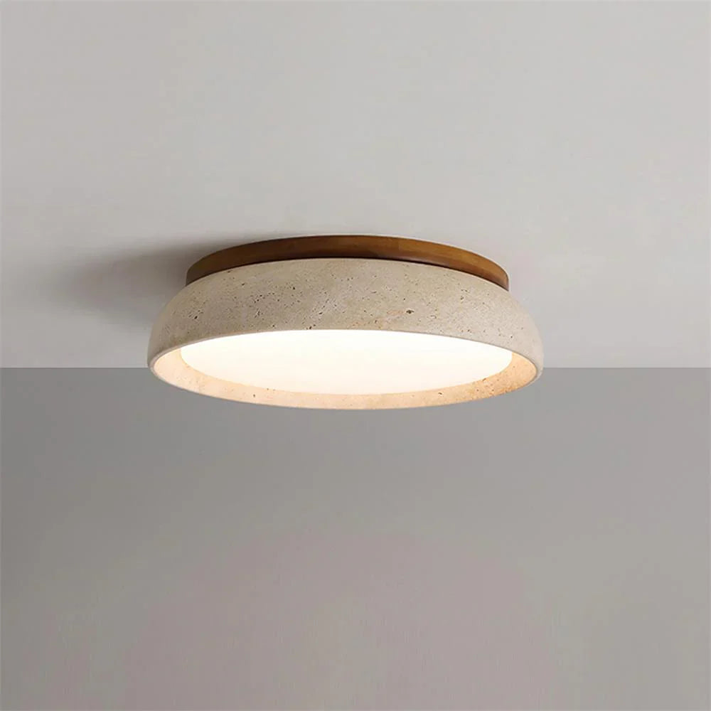 Scandinavische Plafondlamp Travertijn met Houtaccent — Moderne Ronde Opbouwspot Natuursteen en Acryl Inbouw LED Verlichting Warm Wit 3000K Slaapkamer Gang Entree Woonkamer — Ø 30 cm × H 7 cm | Sansoti