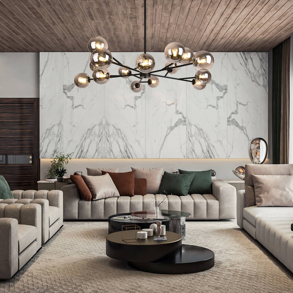 Hanglamp met 15 Glazen Bollen Zwart Messing 112cm Moderne Plafondverlichting voor Eetkamer en Woonkamer | Sansoti