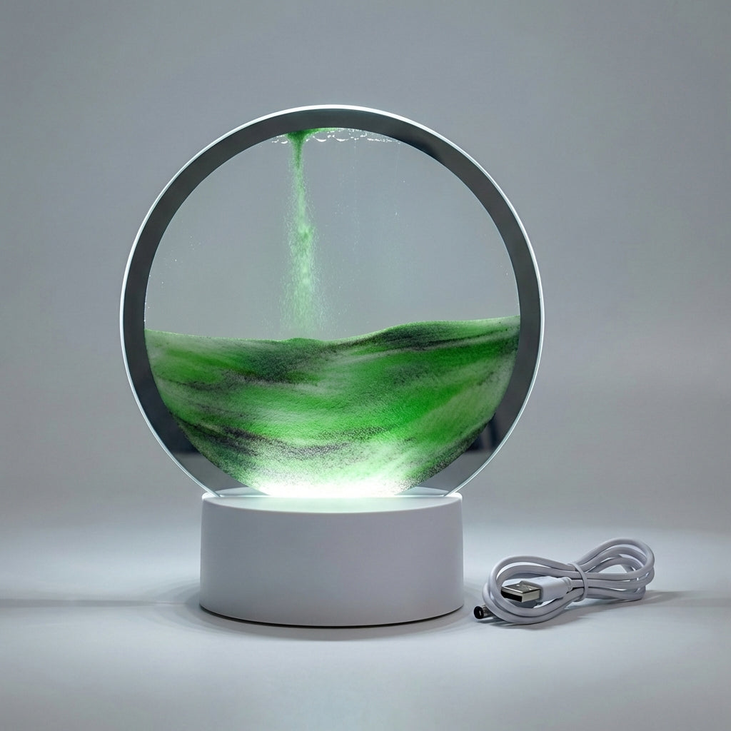 Decoratieve Zandkunst Lamp met LED Verlichting Ronde Tafelverlichting Bewegend Zand Houtlook Basis Sfeerverlichting | Sansoti