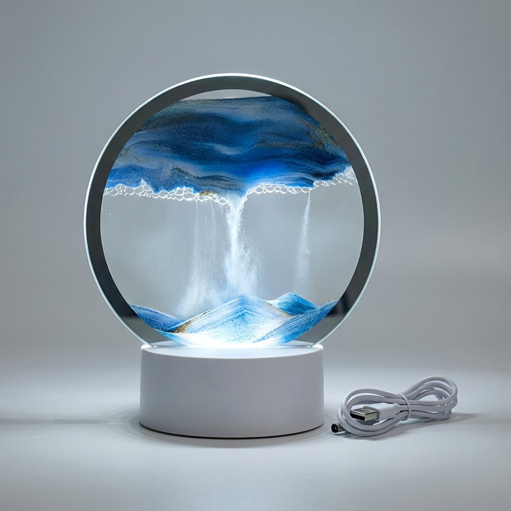 Zandkunst Lamp LED Glas Houten Voet 25x20 cm Sfeerverlichting Woonkamer Slaapkamer Bewegend Zandbeeld Bureau Decoratie Cadeau | Sansoti