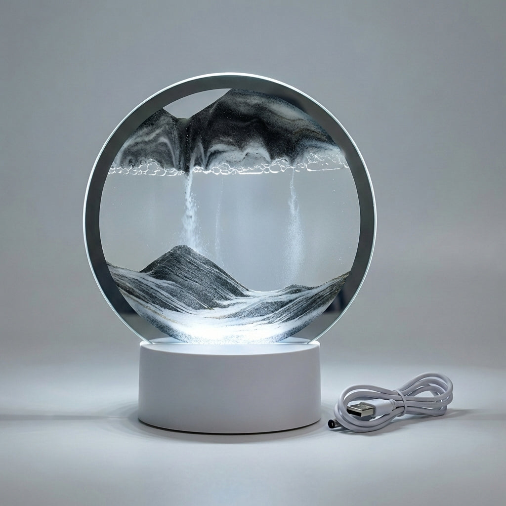 Zandkunst Lamp LED Glas Houten Voet 25x20 cm Sfeerverlichting Woonkamer Slaapkamer Bewegend Zandbeeld Bureau Decoratie Cadeau | Sansoti
