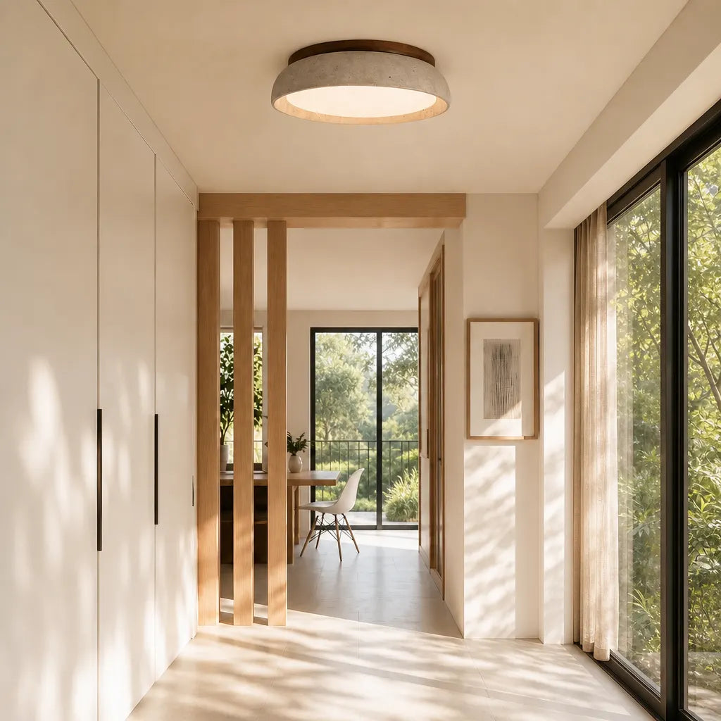 Scandinavische Plafondlamp Travertijn met Houtaccent — Moderne Ronde Opbouwspot Natuursteen en Acryl Inbouw LED Verlichting Warm Wit 3000K Slaapkamer Gang Entree Woonkamer — Ø 30 cm × H 7 cm | Sansoti