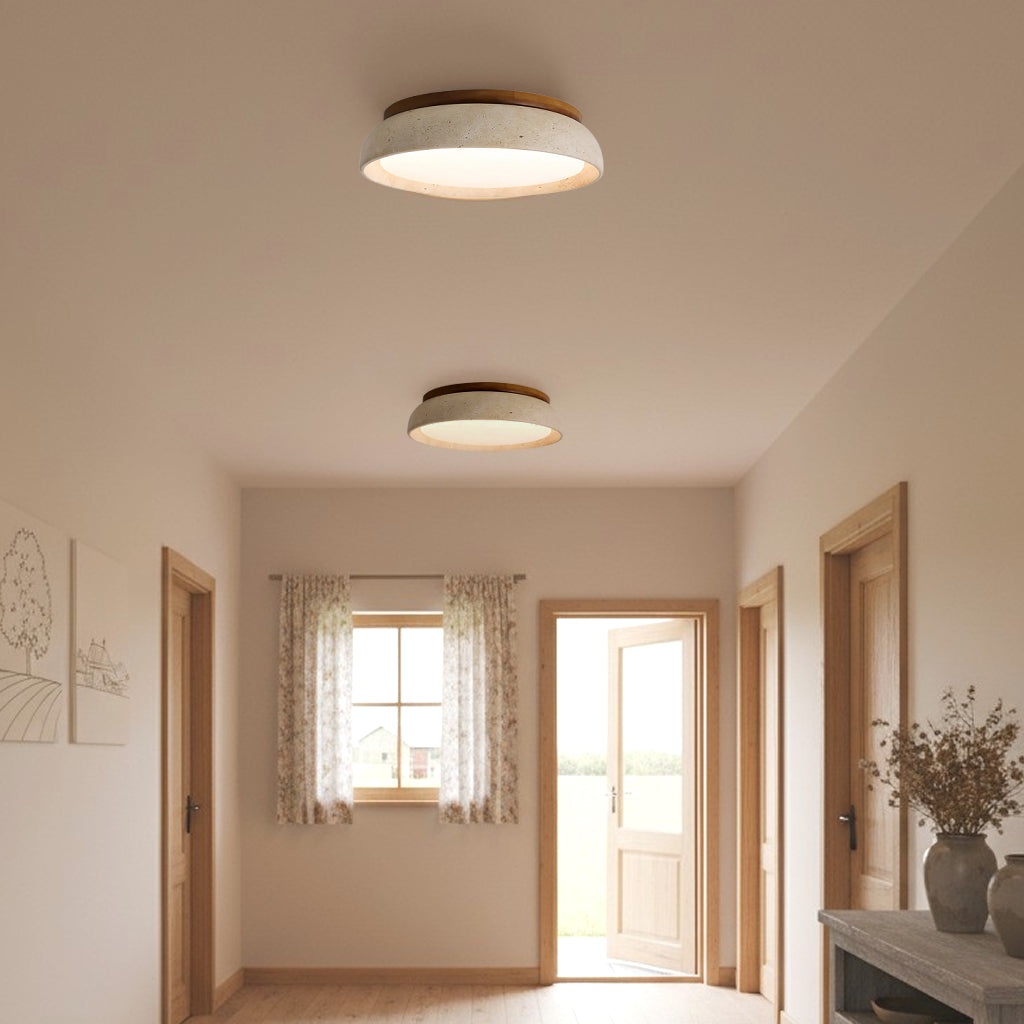 Scandinavische Plafondlamp Travertijn met Houtaccent — Moderne Ronde Opbouwspot Natuursteen en Acryl Inbouw LED Verlichting Warm Wit 3000K Slaapkamer Gang Entree Woonkamer — Ø 30 cm × H 7 cm | Sansoti