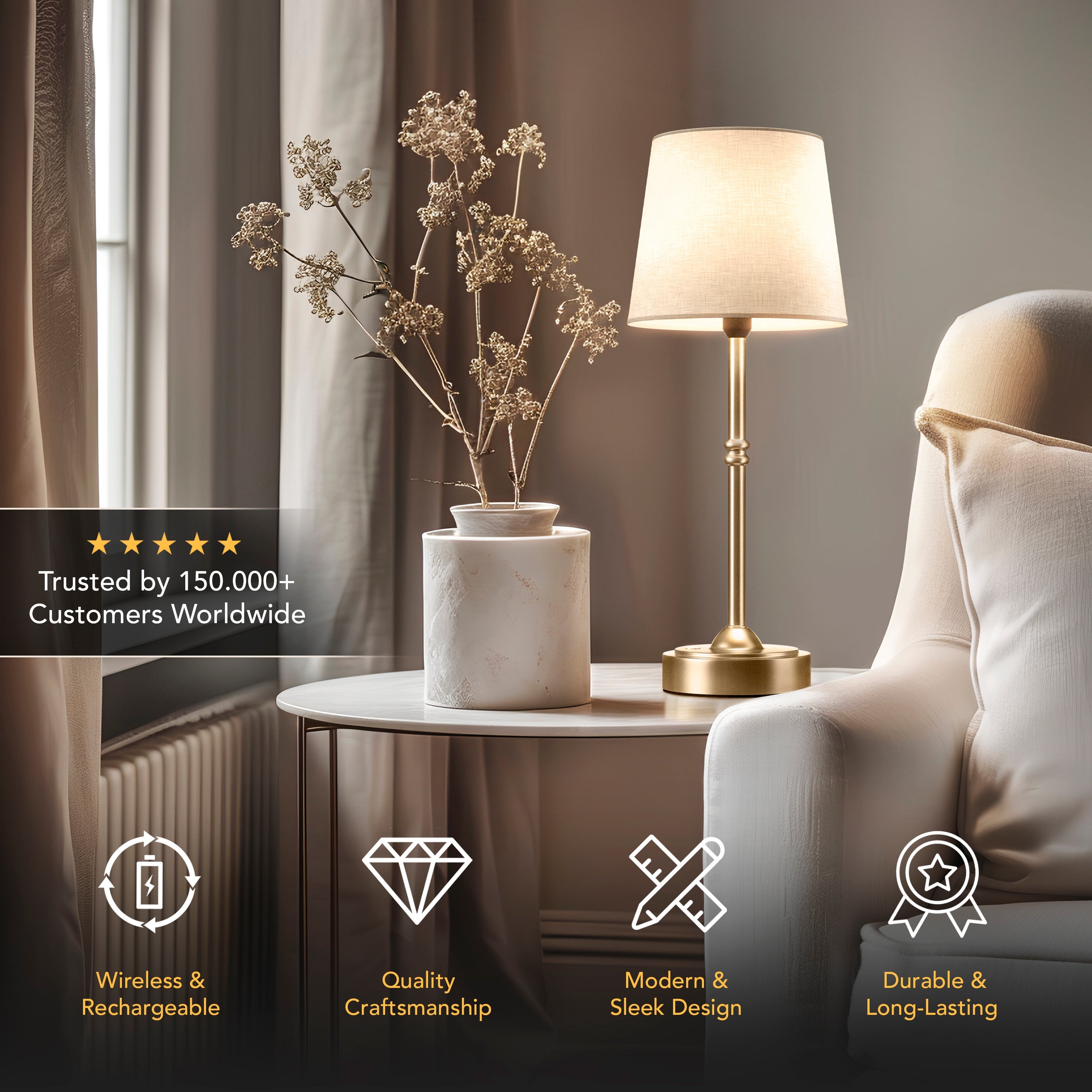 Tafellamp Oplaadbaar Draadloos Goud Wit Kap 40cm USB-C Touch Dimbaar Slaapkamer Woonkamer | Sansoti