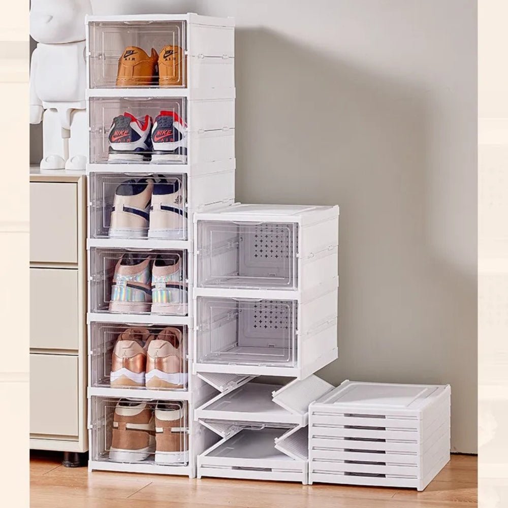 Opvouwbaar Schoenenrek 3 Lagen Wit Kunststof met Transparante Deur Platbesparend Stapelbaar Organizer Kastje 25,5×34,5×52,5cm Modulair Opbergsysteem | Sansoti