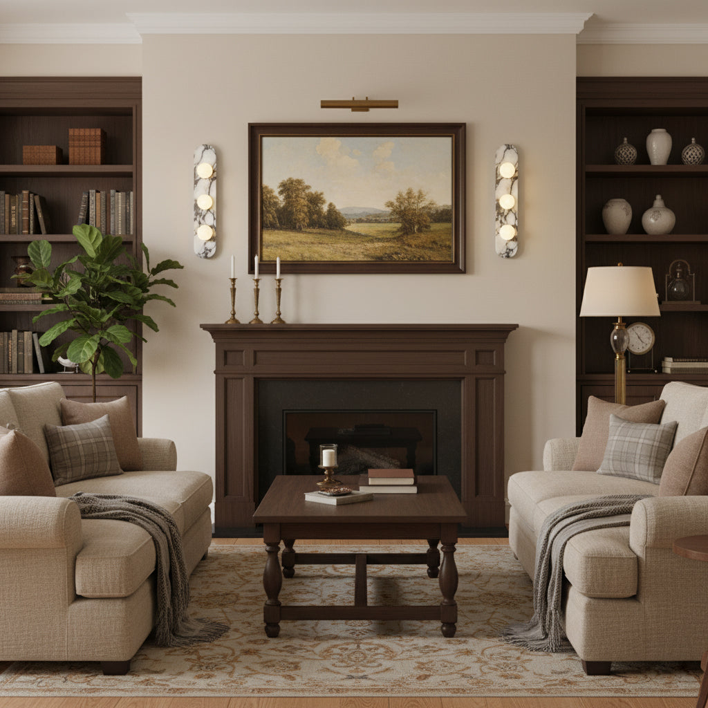 Design Wandleuchte aus Bulgari-Marmor mit Opalglaskugel – Italienische Mid-Century Wandbeleuchtung für Wohnzimmer, Flur und Schlafzimmer | Restfield
