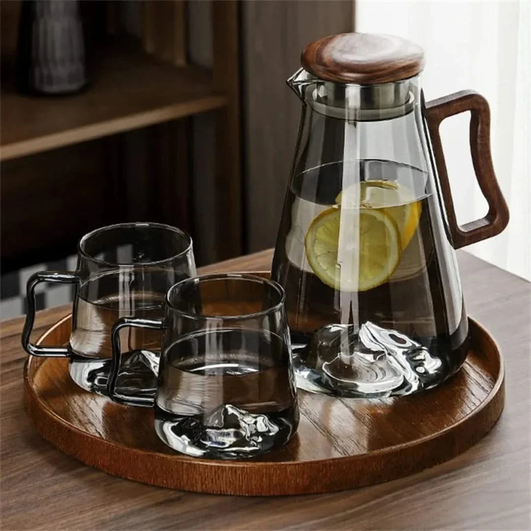 Glazen Waterkan met Houten Handvat 2L - Hittebestendig Borosilicaatglas met Filter - Transparant Karaf | Sansoti