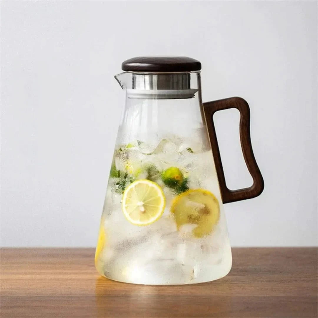 Glazen Waterkan met Houten Handvat 2L - Hittebestendig Borosilicaatglas met Filter - Transparant Karaf | Sansoti