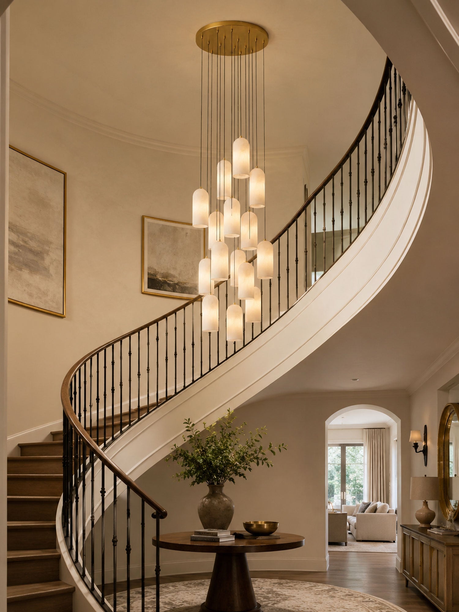 Alabasten Hanglamp met Gevlochten Snoer – Natuursteen Verlichting van Enkel Lichtpunt tot 21-Lichts Cluster – Mid-Century Modern Stijl Eetkamer Hanglamp met E12/E14 Fitting | Sansoti