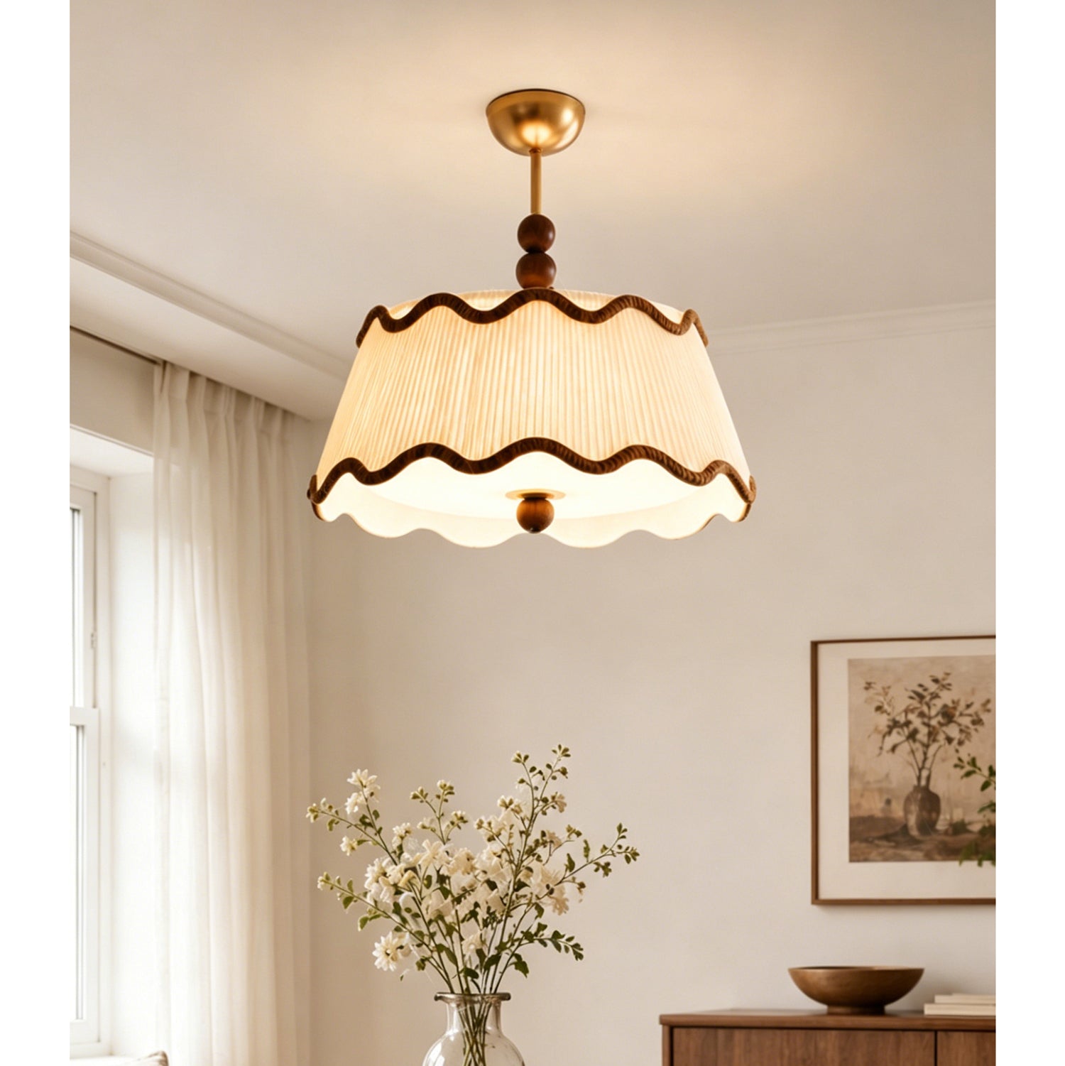 Plafondlamp met Geplooide Kap en Houten Kralen – Vintage Cottage Stijl voor Warm Sfeervol Licht | Sansoti