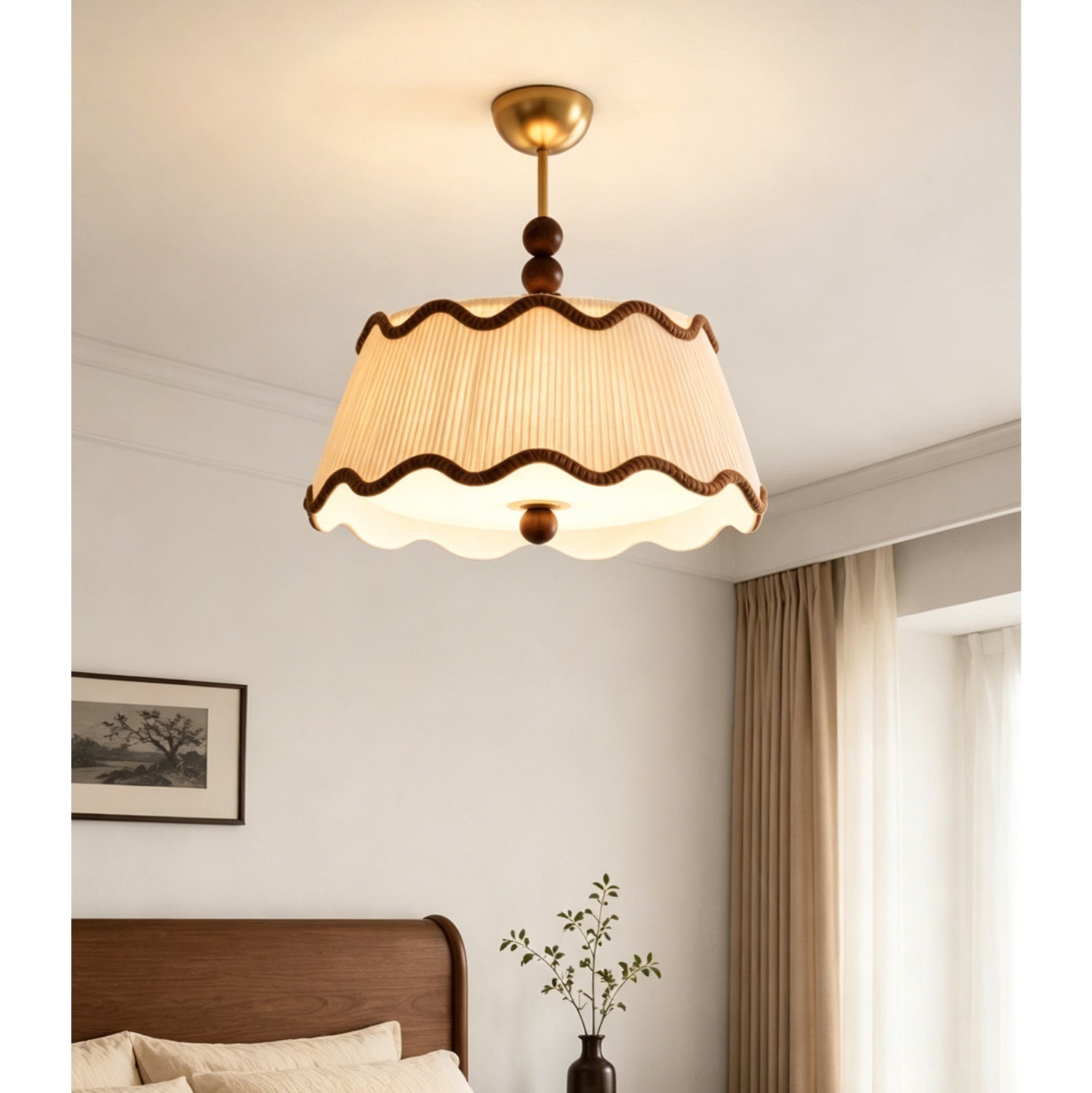 Plafondlamp met Geplooide Kap en Houten Kralen – Vintage Cottage Stijl voor Warm Sfeervol Licht | Sansoti
