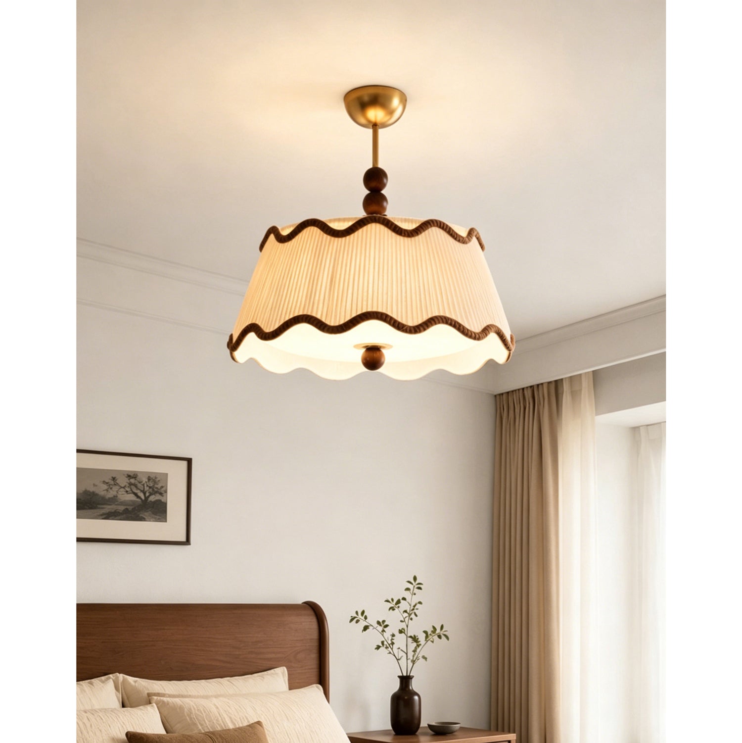 Plafondlamp met Geplooide Kap en Houten Kralen – Vintage Cottage Stijl voor Warm Sfeervol Licht | Sansoti