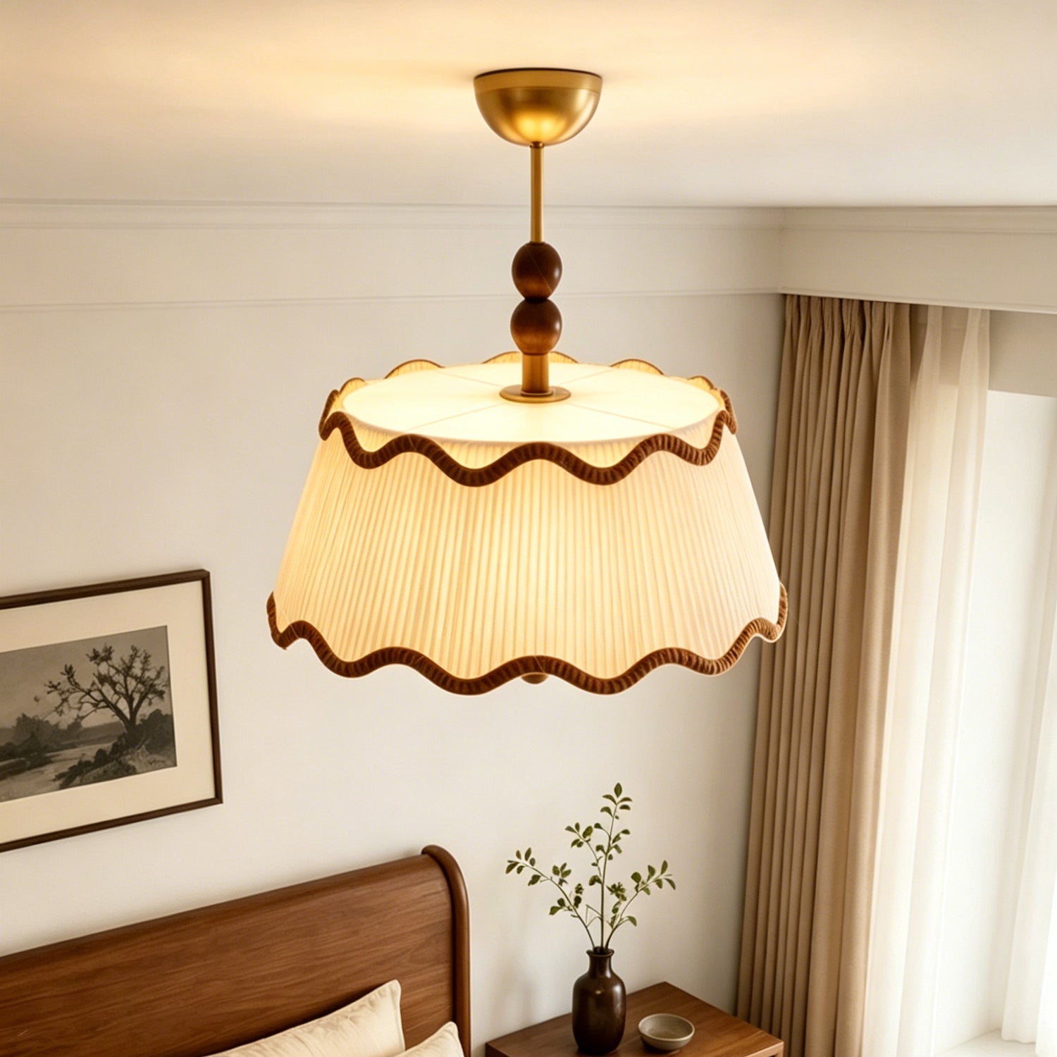 Plafondlamp met Geplooide Kap en Houten Kralen – Vintage Cottage Stijl voor Warm Sfeervol Licht | Sansoti