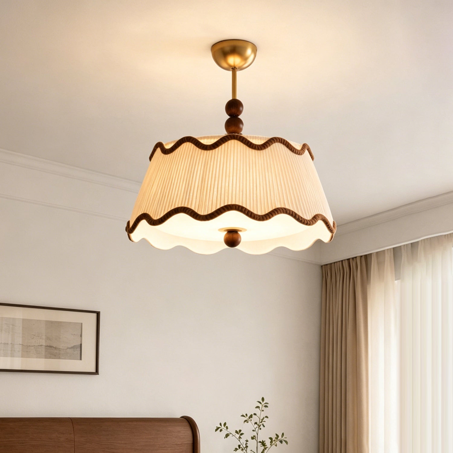 Plafondlamp met Geplooide Kap en Houten Kralen – Vintage Cottage Stijl voor Warm Sfeervol Licht | Sansoti