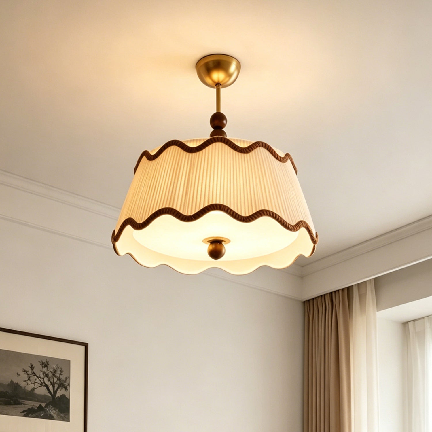 Plafondlamp met Geplooide Kap en Houten Kralen – Vintage Cottage Stijl voor Warm Sfeervol Licht | Sansoti