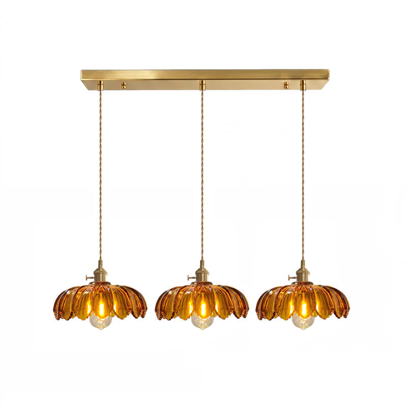 Retro Hanglamp met Bloembladkap en Messing Armatuur – Vintage Elegantie in Zes Glaskleuren – Enkele of Drievoudige Lichtpunten | Sansoti